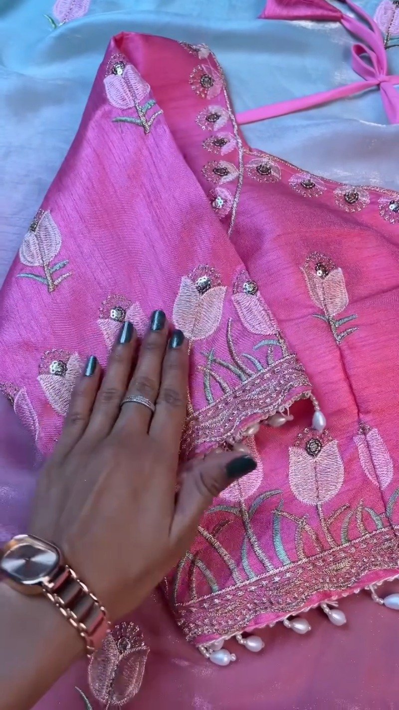 Floral Tulip Embroidered Designer Saree with Embellished Blouse – Available in Radiant Pink & Serene Sky Blue