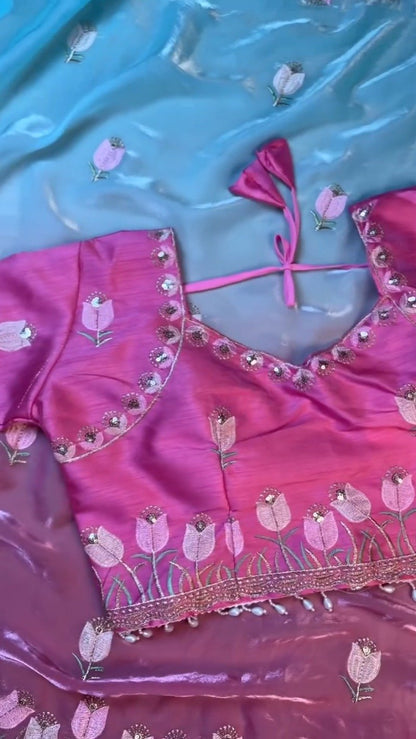 Floral Tulip Embroidered Designer Saree with Embellished Blouse – Available in Radiant Pink & Serene Sky Blue