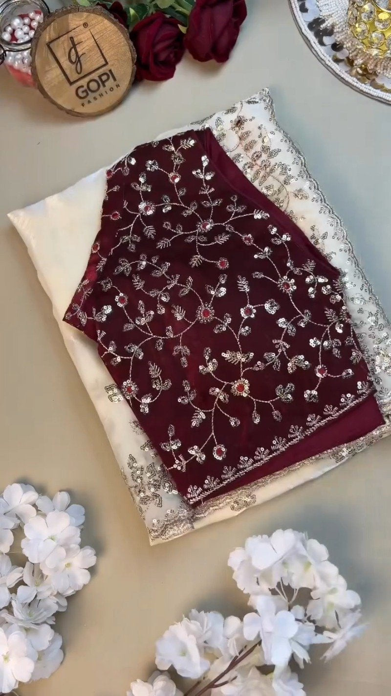Opulent Velvet & Organza Co-Ord Set with Sequin Embellishments – Available in Ivory & Deep Maroon