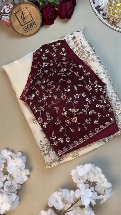 Opulent Velvet & Organza Co-Ord Set with Sequin Embellishments – Available in Ivory & Deep Maroon