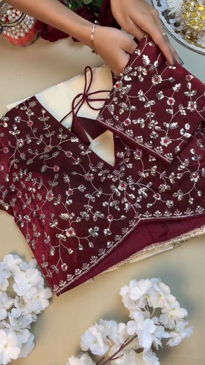 Opulent Velvet & Organza Co-Ord Set with Sequin Embellishments – Available in Ivory & Deep Maroon