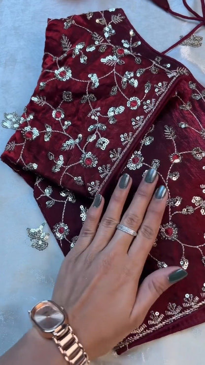 Opulent Velvet & Organza Co-Ord Set with Sequin Embellishments – Available in Ivory & Deep Maroon