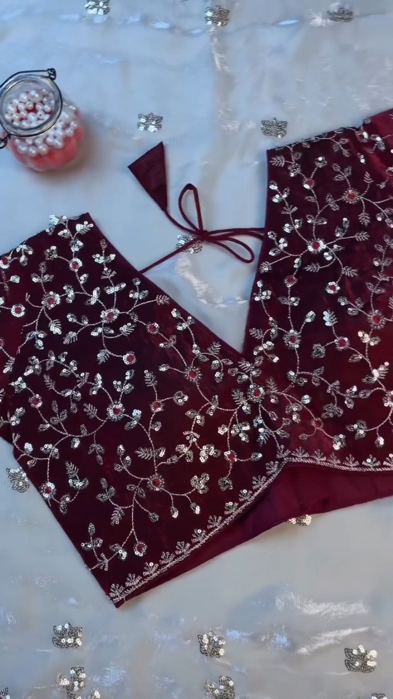 Opulent Velvet & Organza Co-Ord Set with Sequin Embellishments – Available in Ivory & Deep Maroon