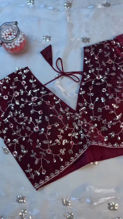 Opulent Velvet & Organza Co-Ord Set with Sequin Embellishments – Available in Ivory & Deep Maroon