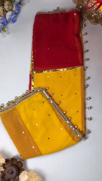 Dual-Tone Mirrorwork Designer Saree & Blouse Set – Available in Red & Yellow & Fuchsia & Yellow