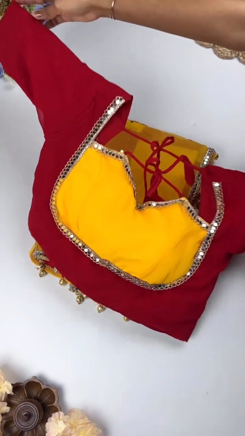 Dual-Tone Mirrorwork Designer Saree & Blouse Set – Available in Red & Yellow & Fuchsia & Yellow