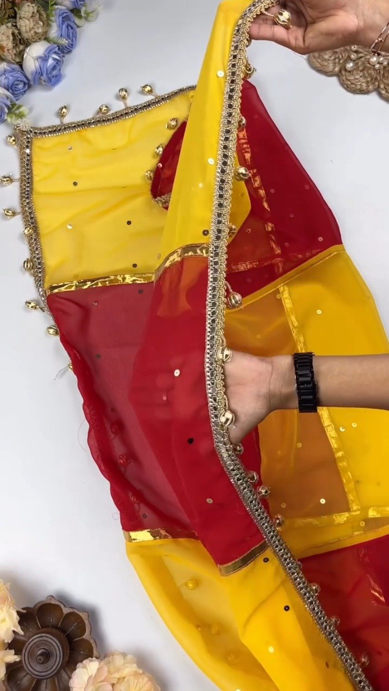 Dual-Tone Mirrorwork Designer Saree & Blouse Set – Available in Red & Yellow & Fuchsia & Yellow