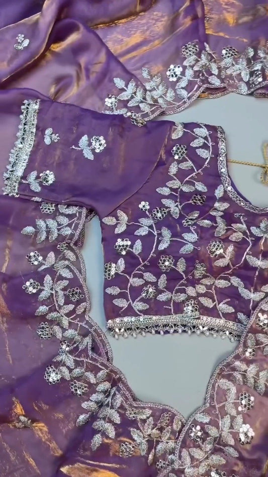 Enchanting Lavender Organza Saree Set with Silver Zari Embroidery