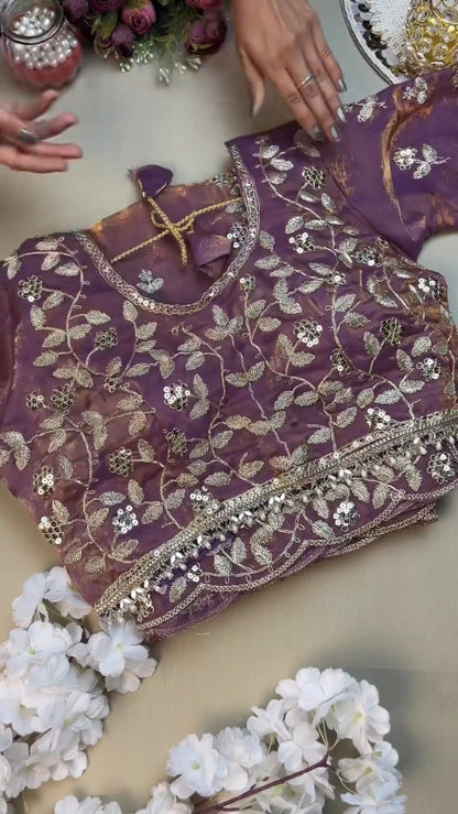 Enchanting Lavender Organza Saree Set with Silver Zari Embroidery