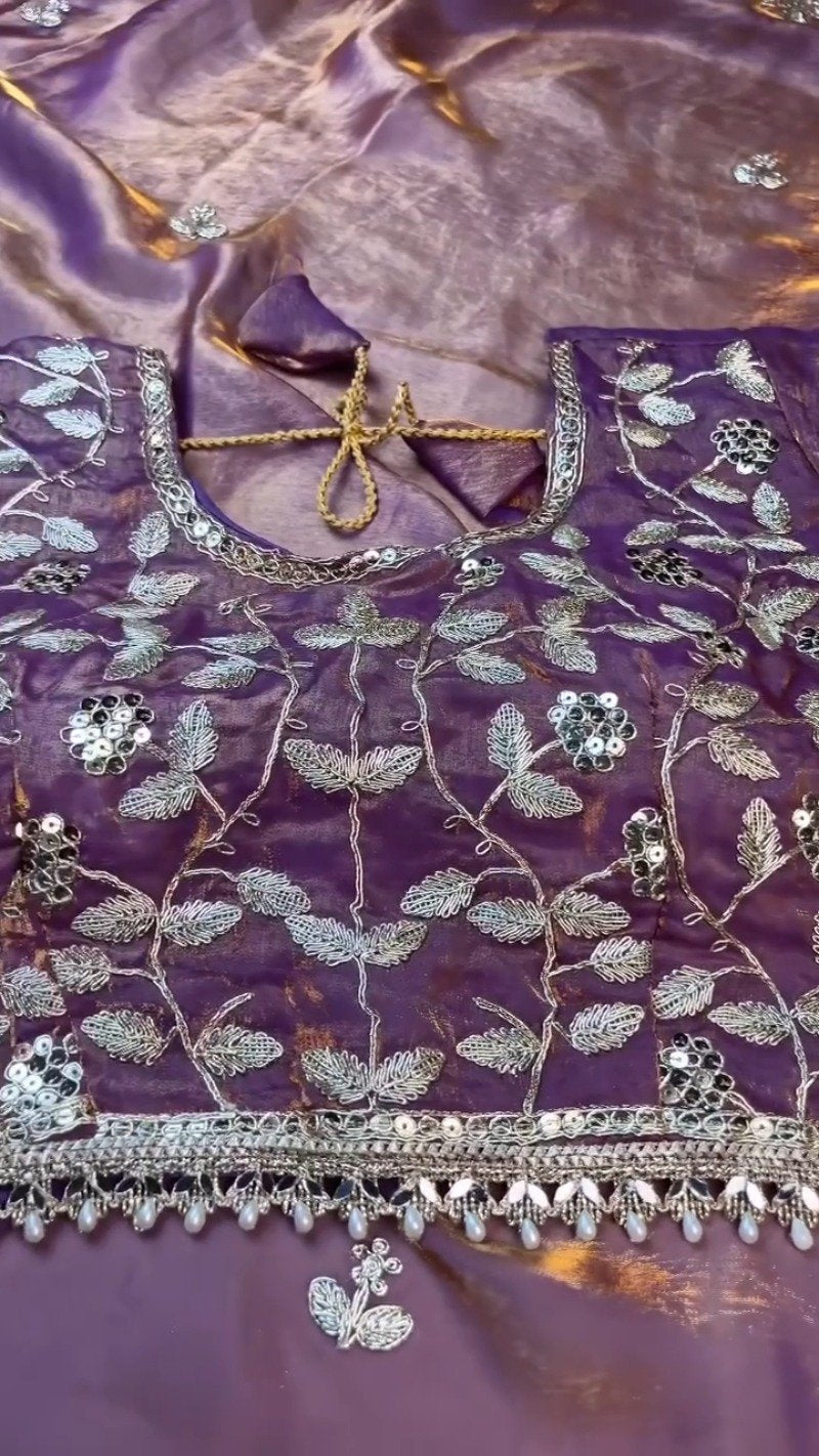 Enchanting Lavender Organza Saree Set with Silver Zari Embroidery