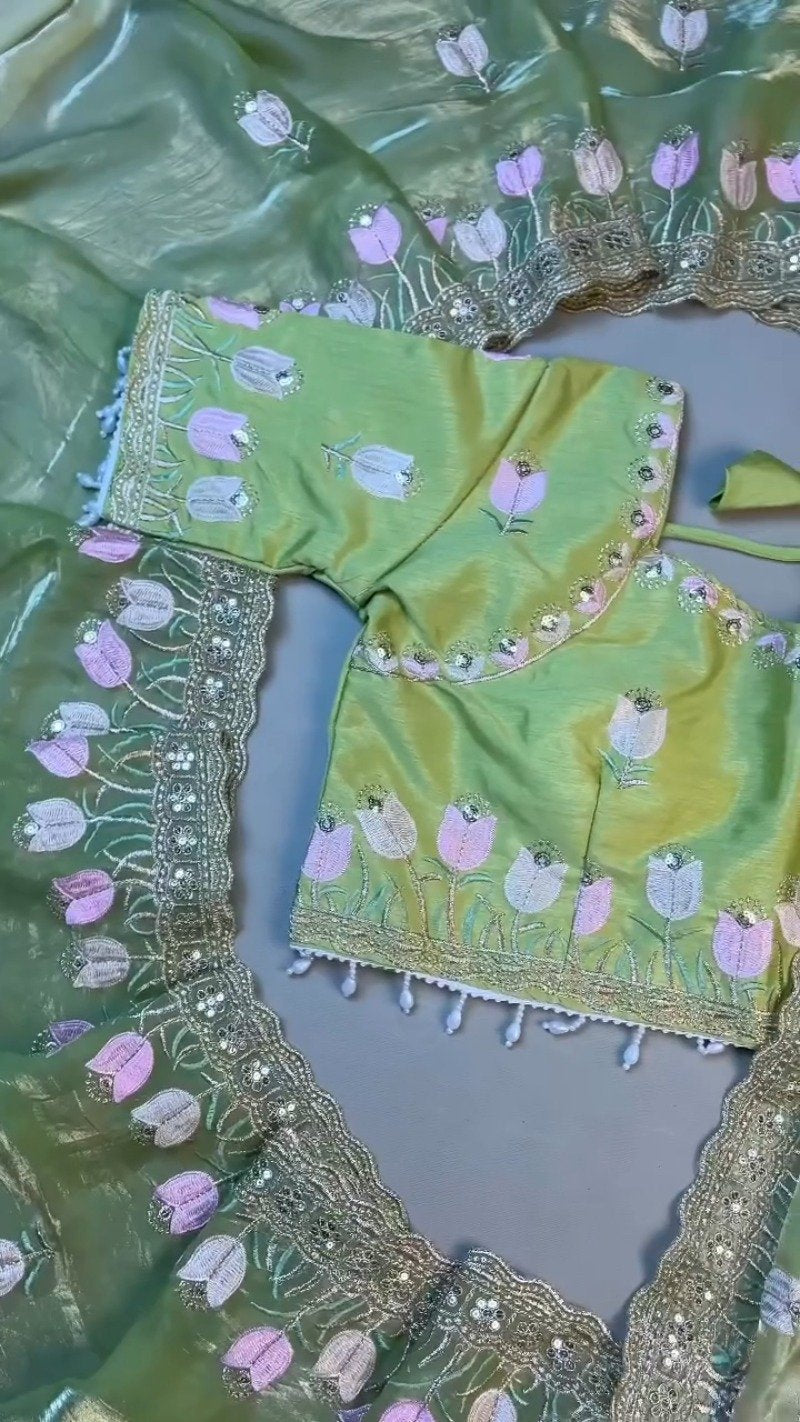 Verdant Blossom Organza Saree & Embroidered Blouse Set – Available in Lime Green & Golden Yellow