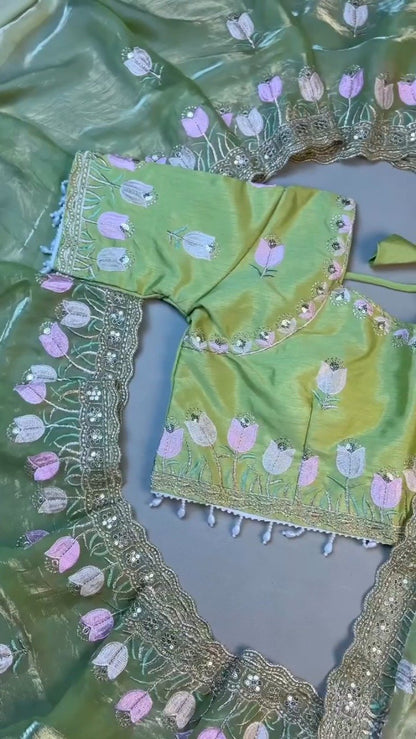 Verdant Blossom Organza Saree & Embroidered Blouse Set – Available in Lime Green & Golden Yellow