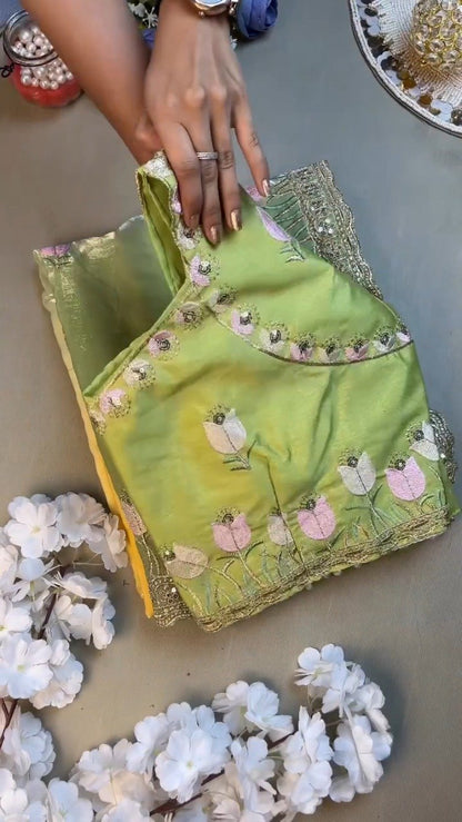 Verdant Blossom Organza Saree & Embroidered Blouse Set – Available in Lime Green & Golden Yellow