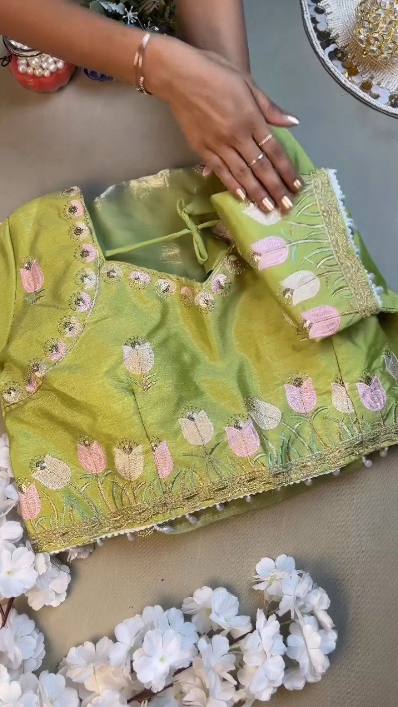 Verdant Blossom Organza Saree & Embroidered Blouse Set – Available in Lime Green & Golden Yellow
