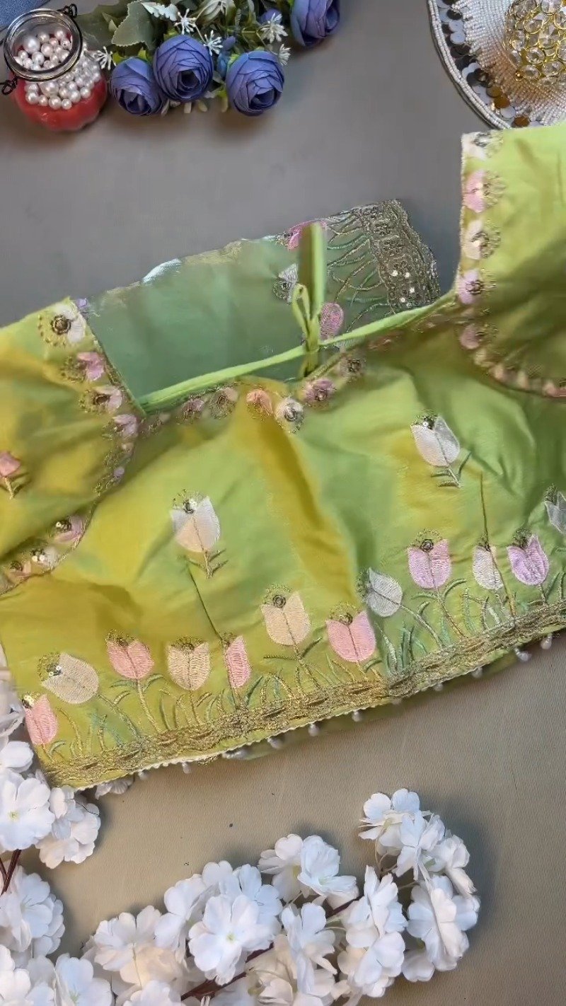 Verdant Blossom Organza Saree & Embroidered Blouse Set – Available in Lime Green & Golden Yellow