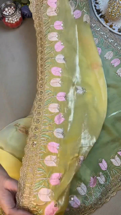 Verdant Blossom Organza Saree & Embroidered Blouse Set – Available in Lime Green & Golden Yellow