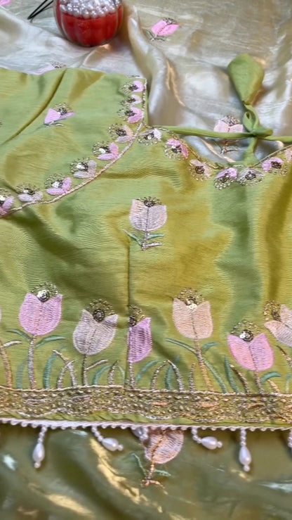 Verdant Blossom Organza Saree & Embroidered Blouse Set – Available in Lime Green & Golden Yellow