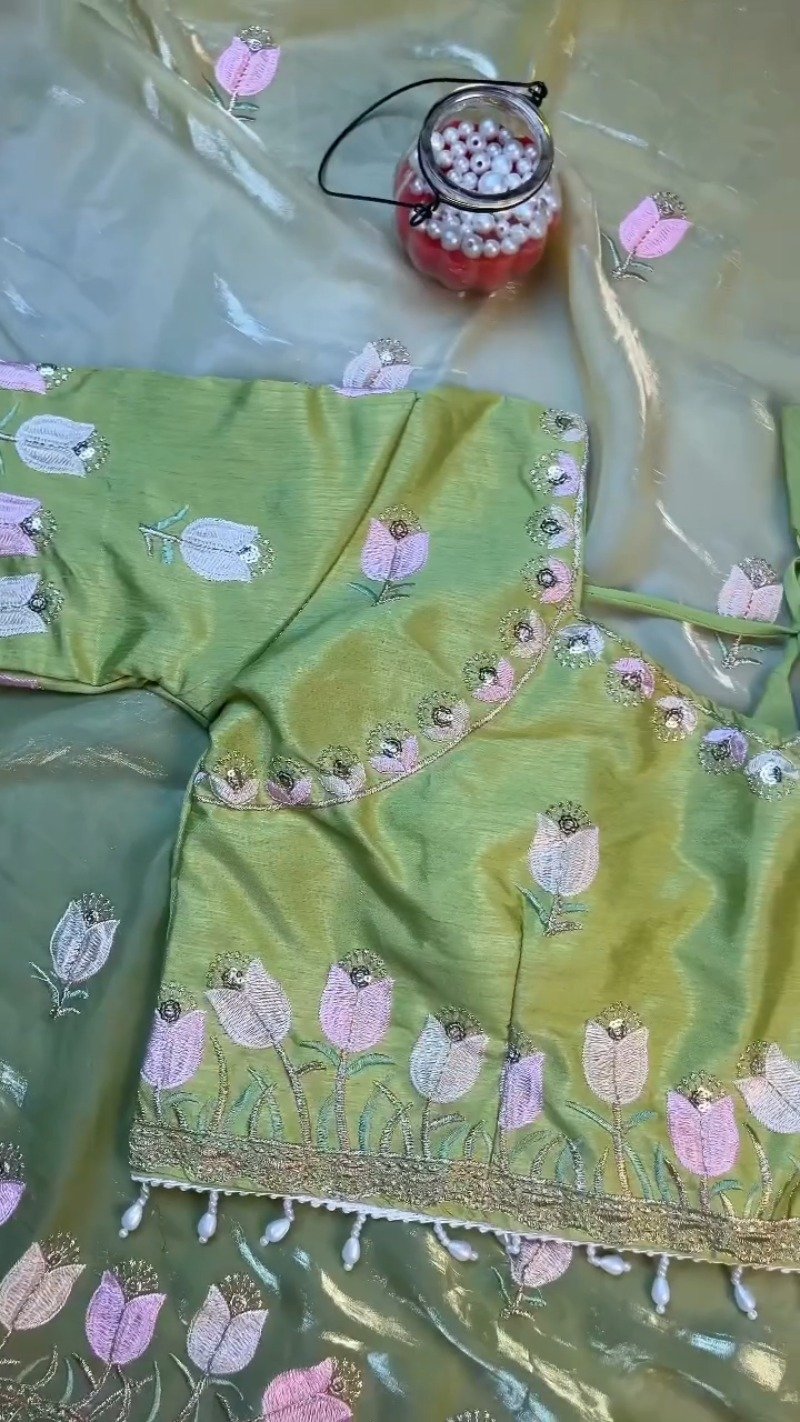 Verdant Blossom Organza Saree & Embroidered Blouse Set – Available in Lime Green & Golden Yellow