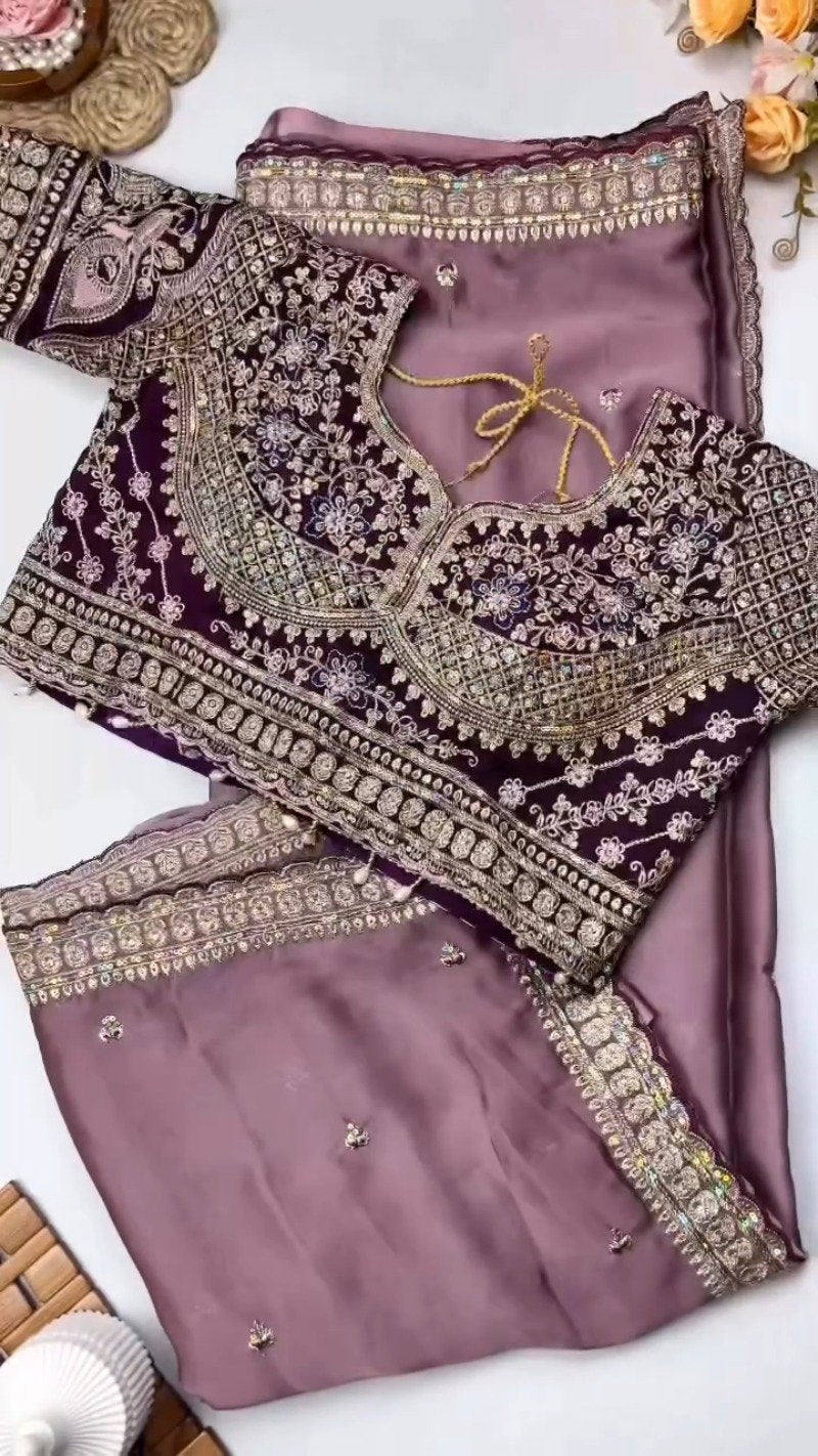Opulent Velvet & Organza Embroidered Saree Set – Available in Majestic Plum & Royal Burgundy