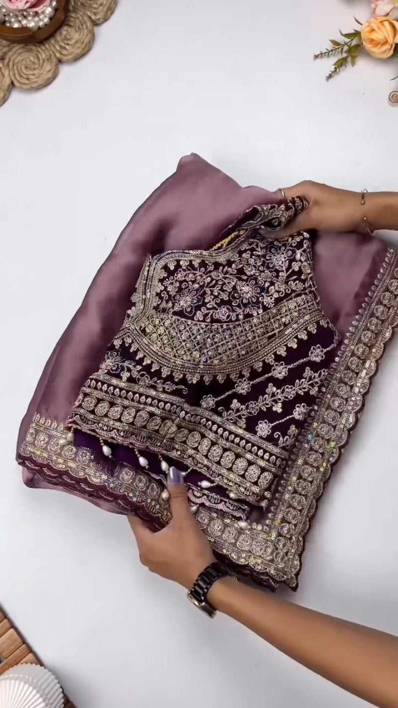 Opulent Velvet & Organza Embroidered Saree Set – Available in Majestic Plum & Royal Burgundy