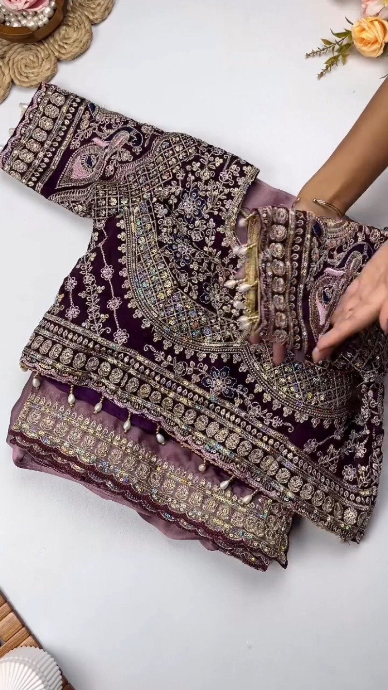 Opulent Velvet & Organza Embroidered Saree Set – Available in Majestic Plum & Royal Burgundy
