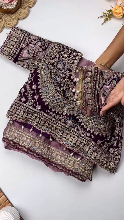 Opulent Velvet & Organza Embroidered Saree Set – Available in Majestic Plum & Royal Burgundy