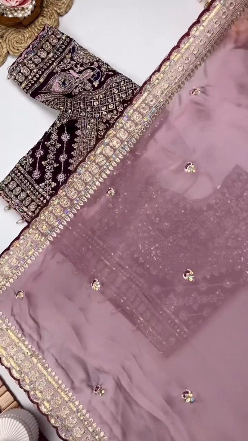 Opulent Velvet & Organza Embroidered Saree Set – Available in Majestic Plum & Royal Burgundy
