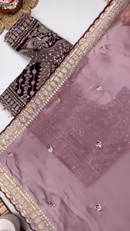 Opulent Velvet & Organza Embroidered Saree Set – Available in Majestic Plum & Royal Burgundy