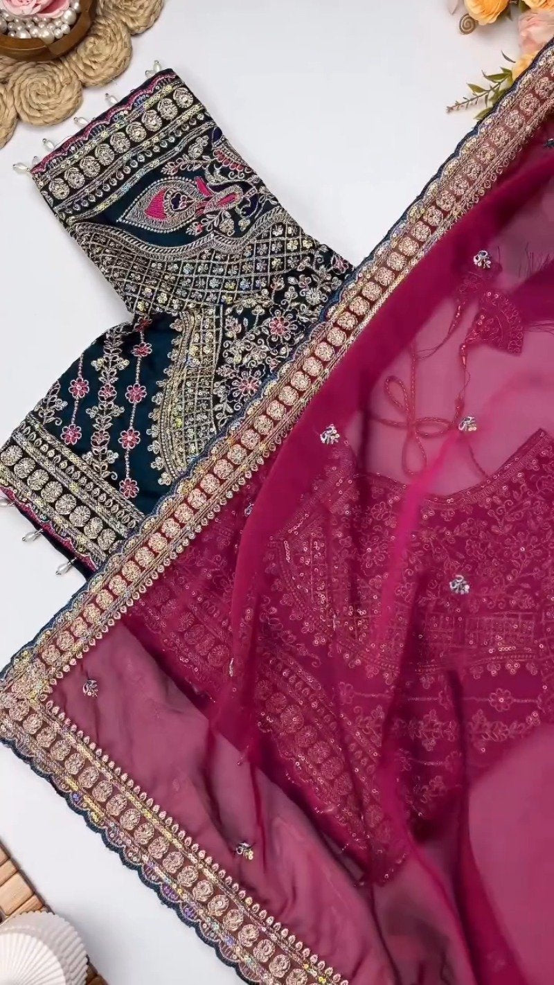 Opulent Velvet & Organza Embroidered Saree Set – Available in Majestic Plum & Royal Burgundy