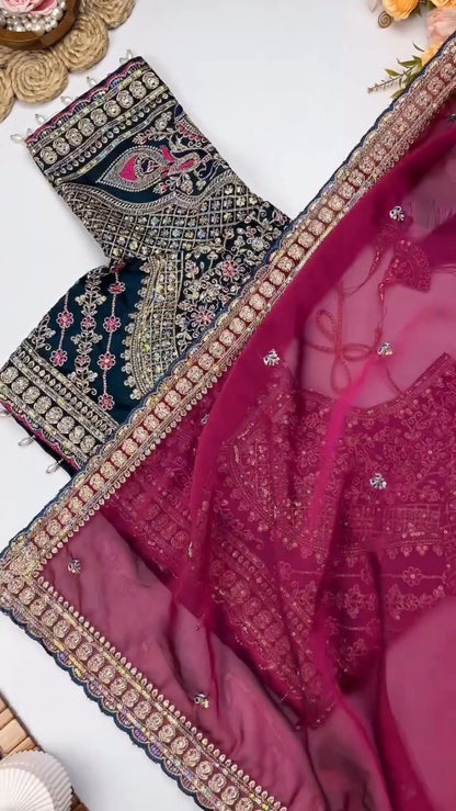 Opulent Velvet & Organza Embroidered Saree Set – Available in Majestic Plum & Royal Burgundy