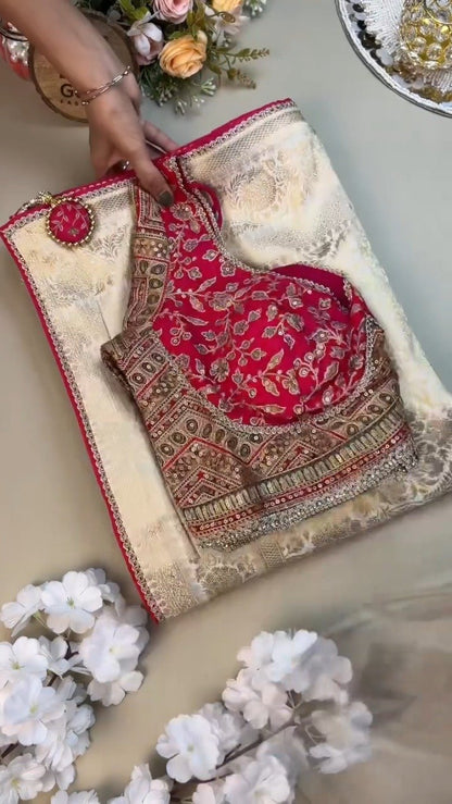 Opulent Ivory & Crimson Handloom Silk Saree Set with Embellished Blouse – Available in Ivory & Crimson