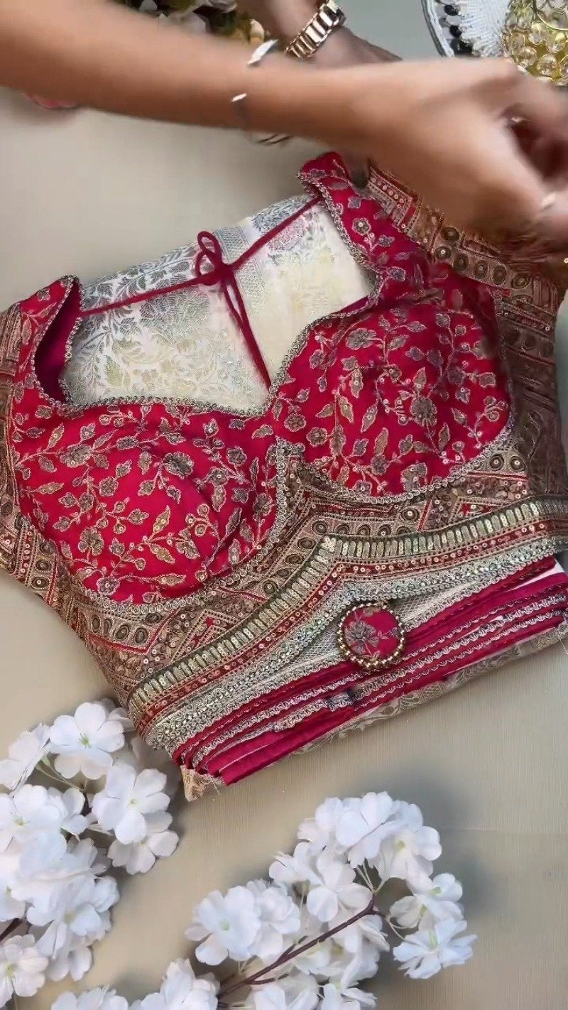 Opulent Ivory & Crimson Handloom Silk Saree Set with Embellished Blouse – Available in Ivory & Crimson