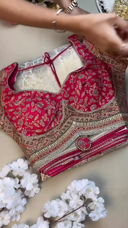 Opulent Ivory & Crimson Handloom Silk Saree Set with Embellished Blouse – Available in Ivory & Crimson