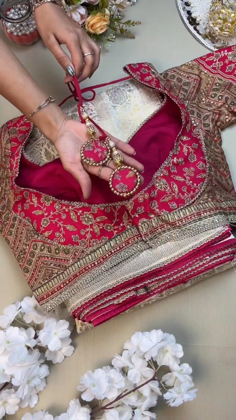 Opulent Ivory & Crimson Handloom Silk Saree Set with Embellished Blouse – Available in Ivory & Crimson