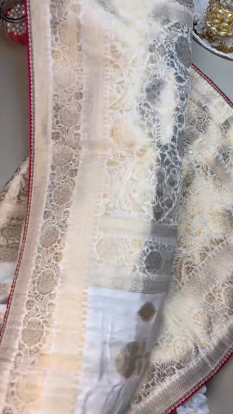 Opulent Ivory & Crimson Handloom Silk Saree Set with Embellished Blouse – Available in Ivory & Crimson