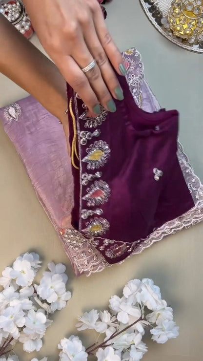 Lilac Organza Saree with Deep Plum Embroidered Blouse – Available in Lavender & Plum