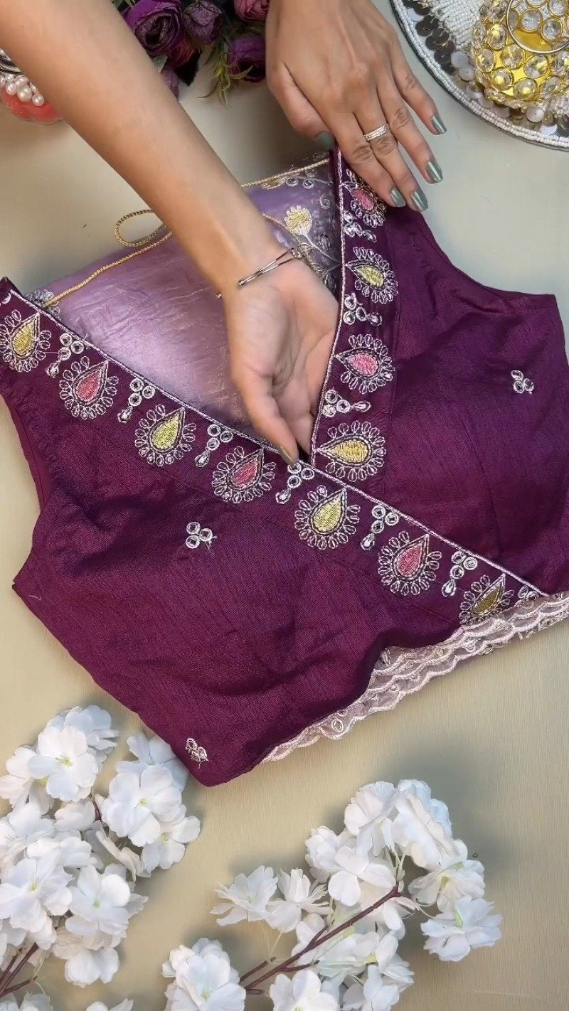 Lilac Organza Saree with Deep Plum Embroidered Blouse – Available in Lavender & Plum