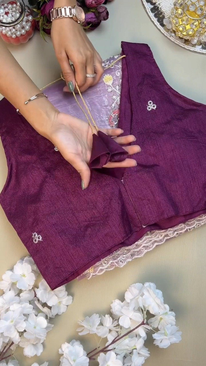 Lilac Organza Saree with Deep Plum Embroidered Blouse – Available in Lavender & Plum