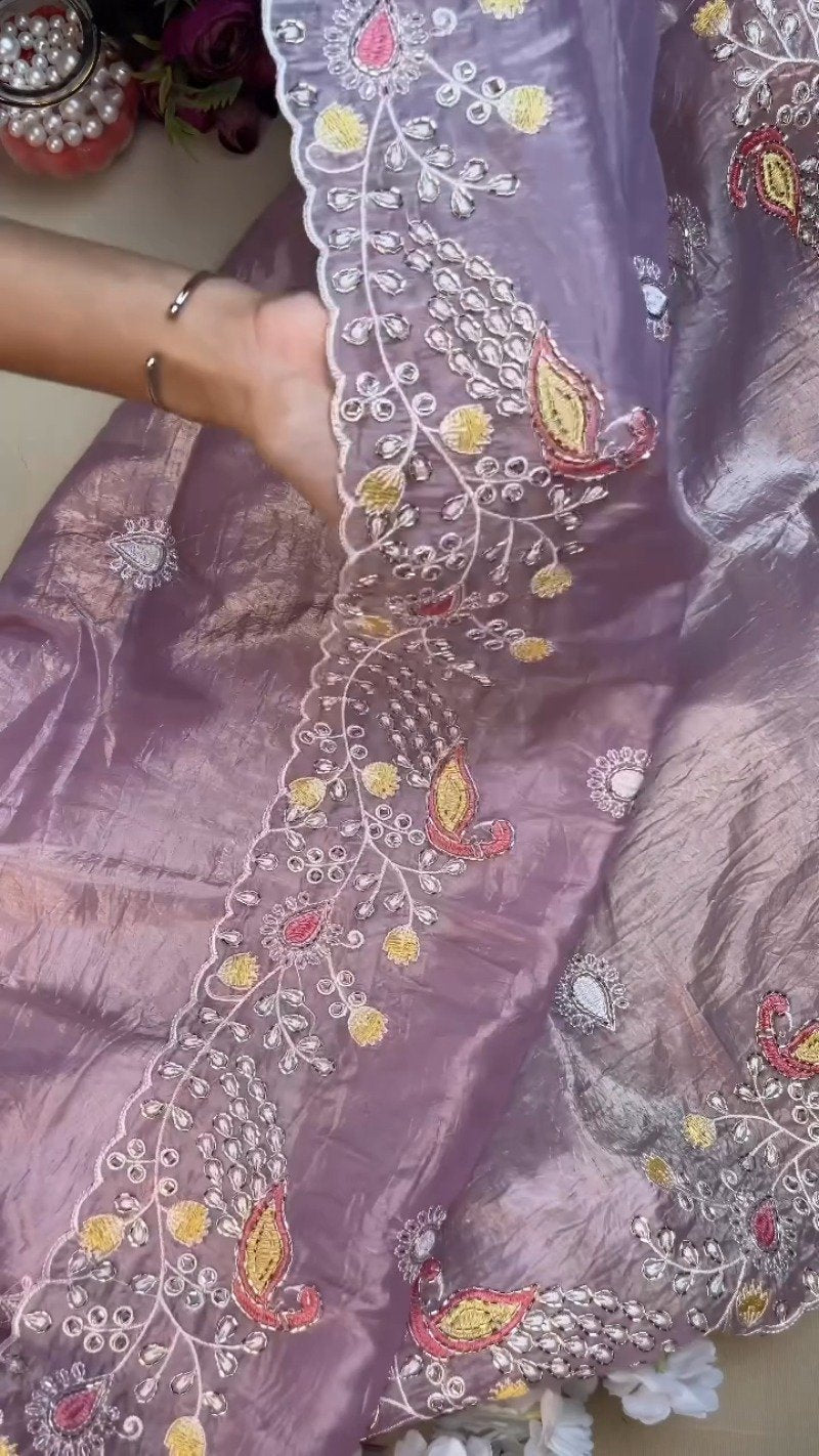 Lilac Organza Saree with Deep Plum Embroidered Blouse – Available in Lavender & Plum