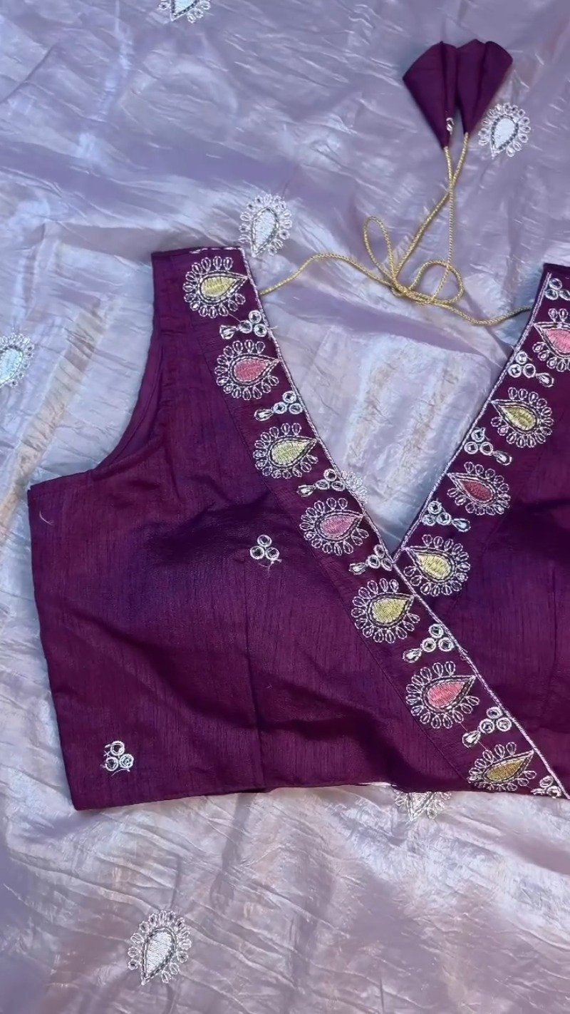 Lilac Organza Saree with Deep Plum Embroidered Blouse – Available in Lavender & Plum