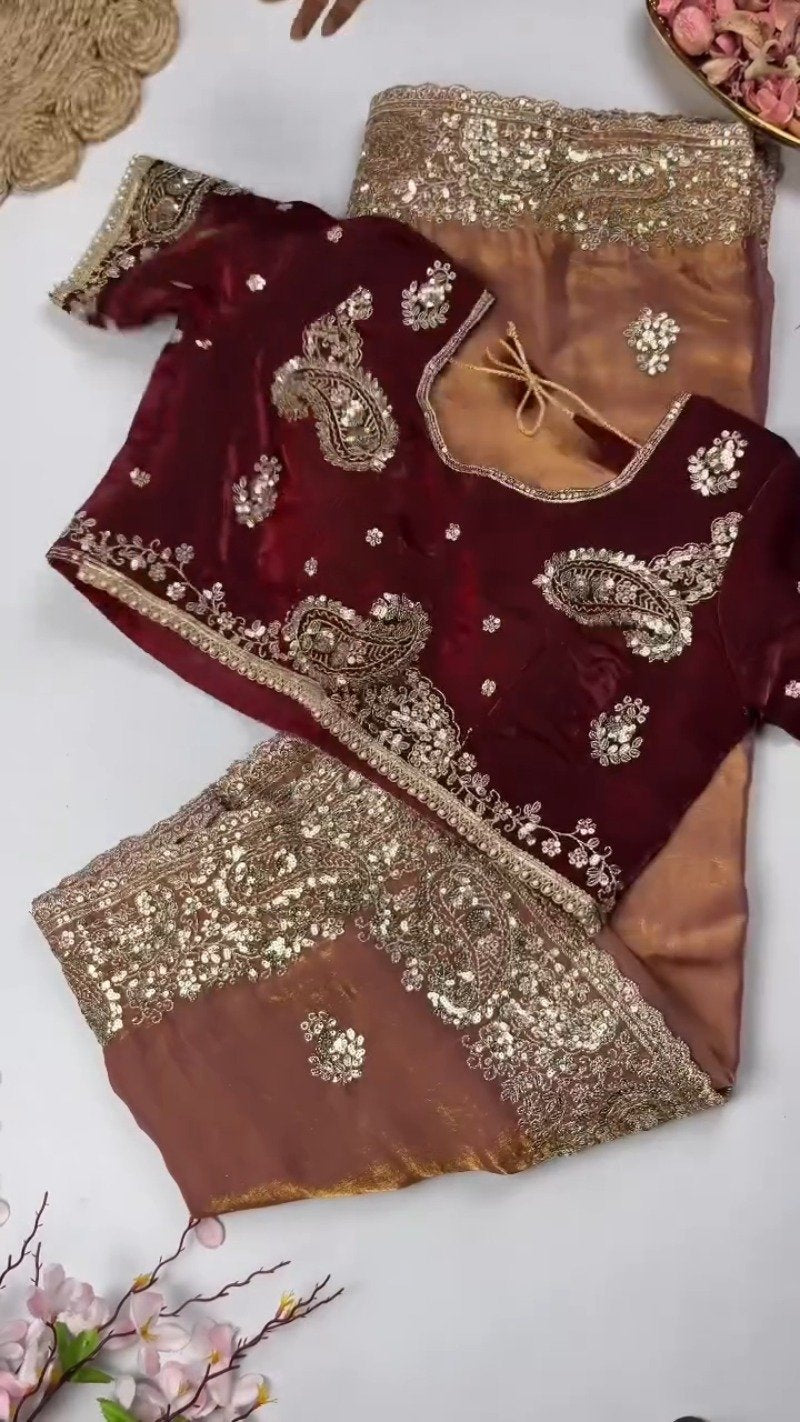 Opulent Paisley Embellished Saree Ensemble – Available in Crimson & Deep Plum