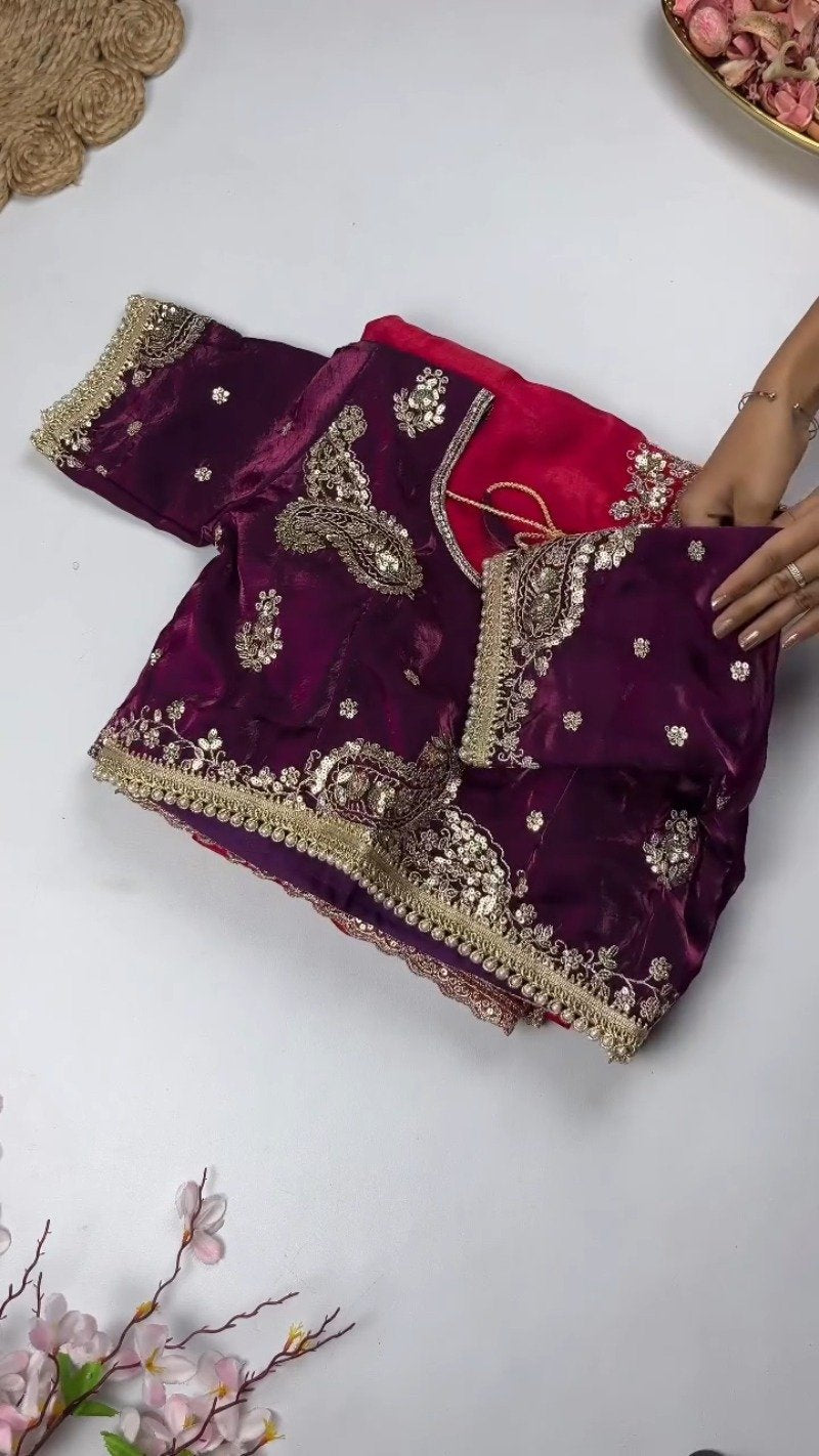 Opulent Paisley Embellished Saree Ensemble – Available in Crimson & Deep Plum