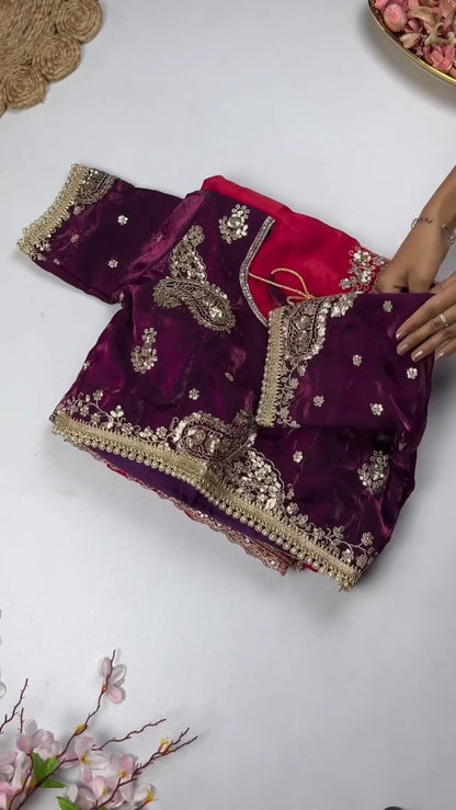Opulent Paisley Embellished Saree Ensemble – Available in Crimson & Deep Plum