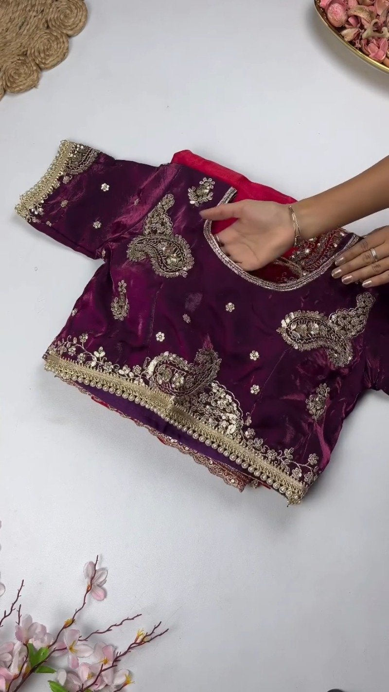 Opulent Paisley Embellished Saree Ensemble – Available in Crimson & Deep Plum
