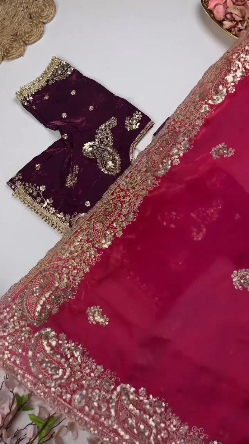 Opulent Paisley Embellished Saree Ensemble – Available in Crimson & Deep Plum