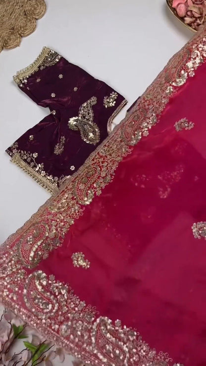 Opulent Paisley Embellished Saree Ensemble – Available in Crimson & Deep Plum