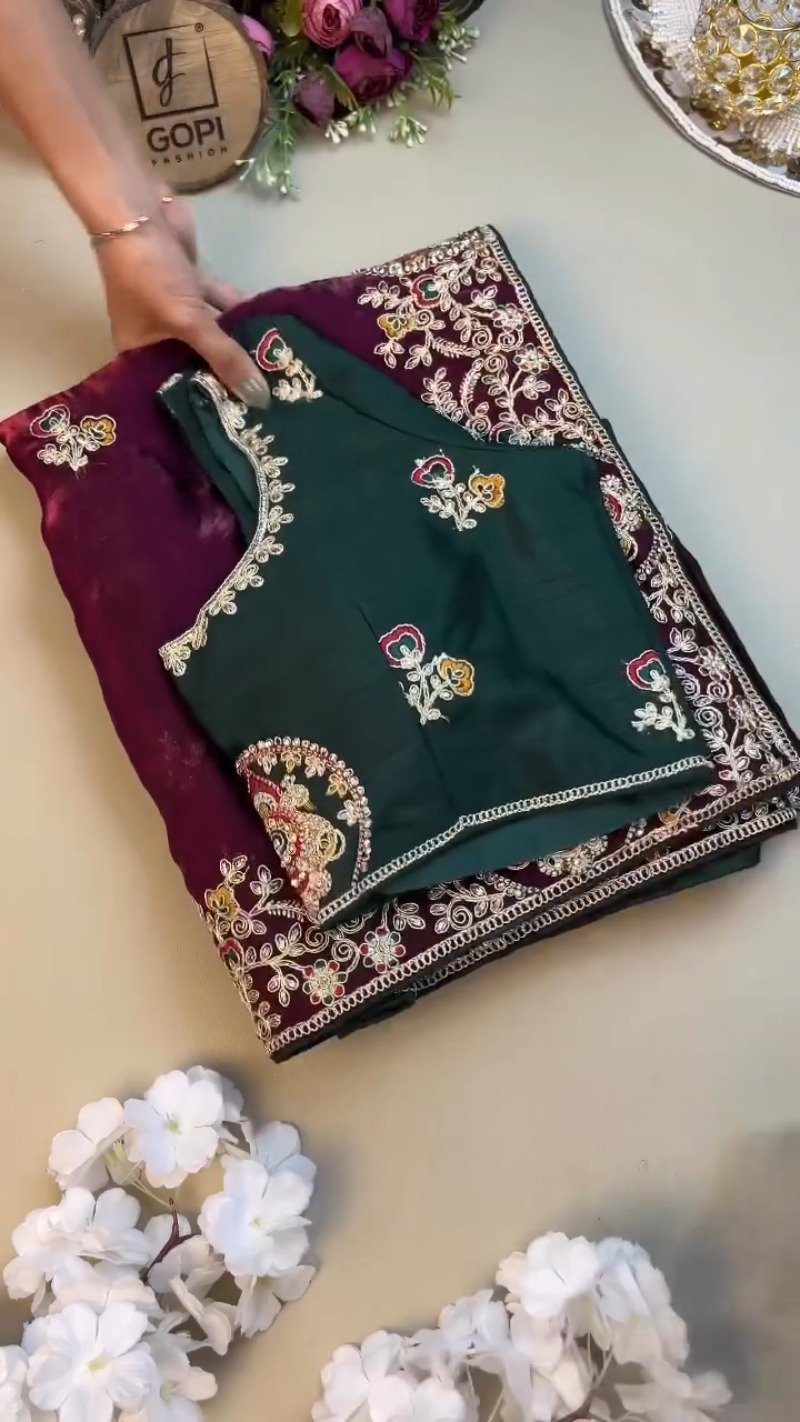 Regal Maroon & Bottle Green Embroidered Saree Set – Available in Maroon & Bottle Green