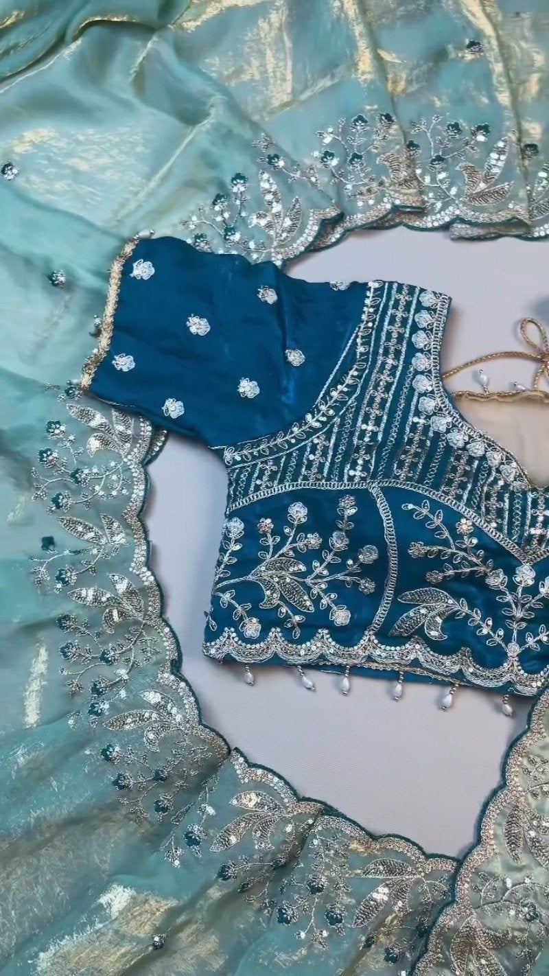 Midnight Teal & Aqua Azure Designer Blouse and Saree Set – Available in Midnight Teal & Aqua Azure