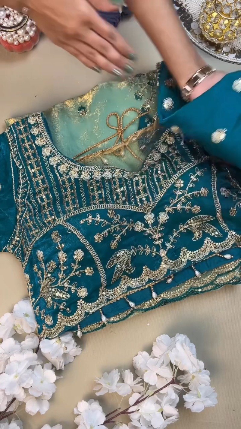 Midnight Teal & Aqua Azure Designer Blouse and Saree Set – Available in Midnight Teal & Aqua Azure