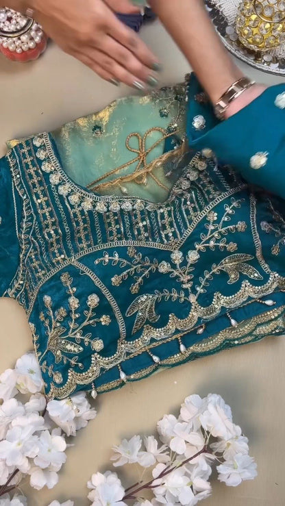 Midnight Teal & Aqua Azure Designer Blouse and Saree Set – Available in Midnight Teal & Aqua Azure